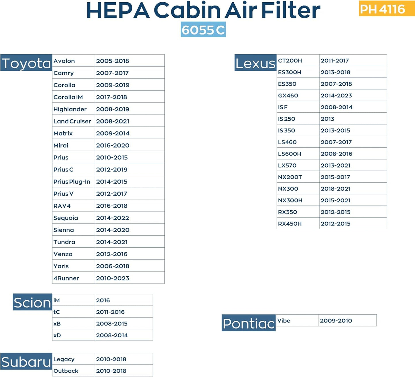 Lexus ES, GS, GX, IS, LS, RX Compatible Cabin Air Filter (HEPA Pollen Filter)